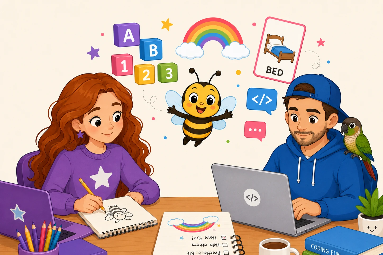 Illustration of the independent Alphanumic team creating learning activities with Albie the bee.